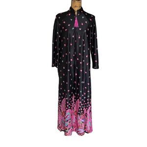 VTG 70s Montgomery Ward Black Pink Floral Paisley Polyester Maxi House Dress M